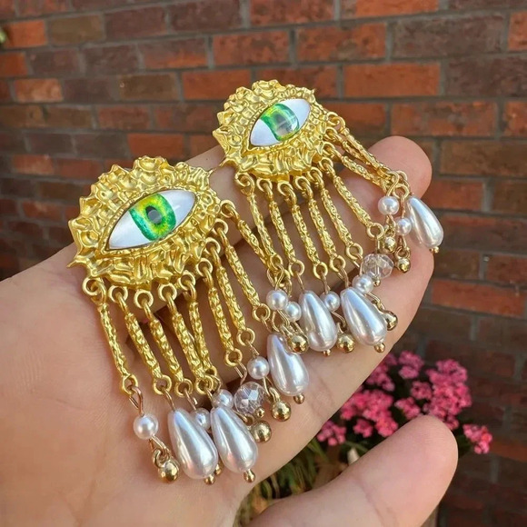 Maison Green Evil Eye Protection Pearl Dangle Earrings - Picture 5 of 12